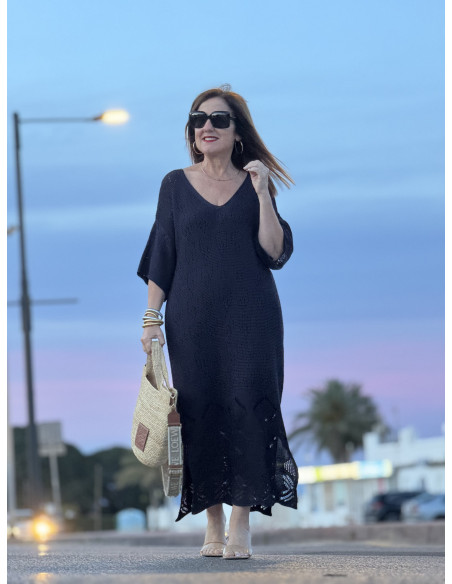 🌸 Vestido de Punto Azul Marino con Aberturas Laterales