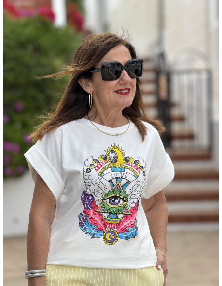 Camiseta Blanca con Estampado de Ojo, Sol y Luna 🌞🌙