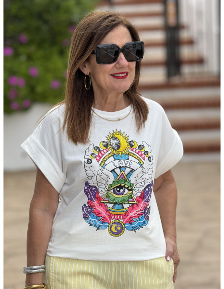 Camiseta Blanca con Estampado de Ojo, Sol y Luna 🌞🌙