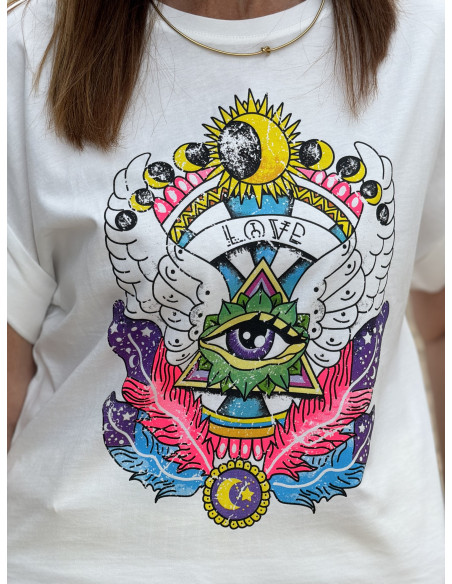 Camiseta Blanca con Estampado de Ojo, Sol y Luna 🌞🌙