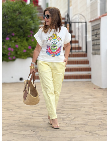 Camiseta Blanca con Estampado de Ojo, Sol y...