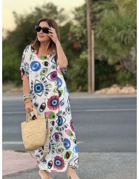 Vestido de Lino Blanco con Estampado de Ojos