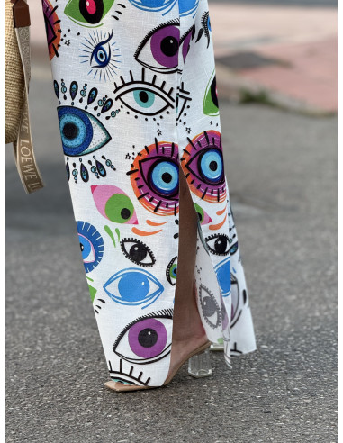 Vestido de Lino Blanco con Estampado de Ojos