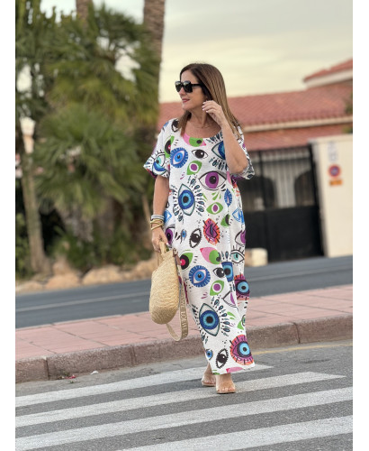 Vestido de Lino Blanco con Estampado de Ojos