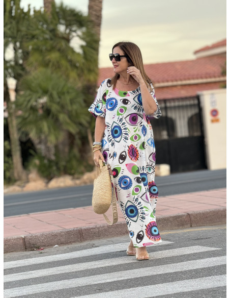Vestido de Lino Blanco con Estampado de Ojos