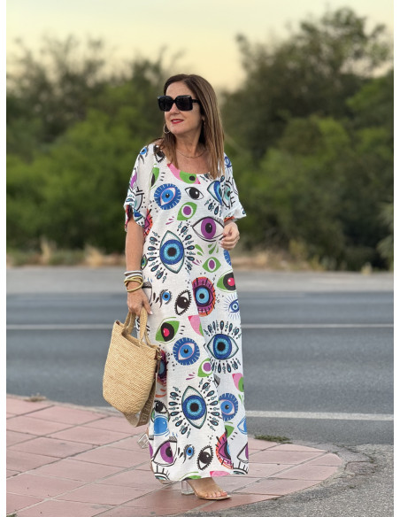 Vestido de Lino Blanco con Estampado de Ojos