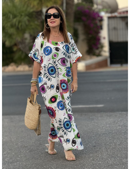 Vestido de Lino Blanco con Estampado de Ojos