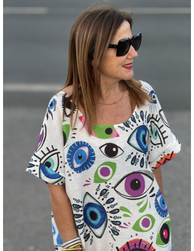 Vestido de Lino Blanco con Estampado de Ojos