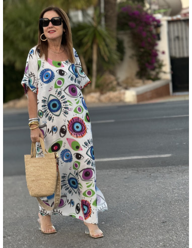 Vestido de Lino Blanco con Estampado de Ojos