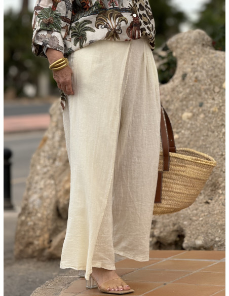 🌾 Pantalón de Lino Crudo con Efecto Capa