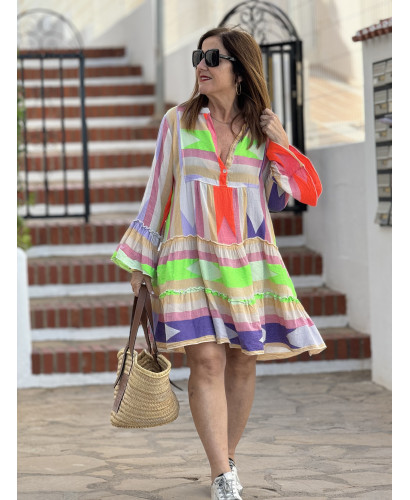 Vestido Corto con Bordado Flúor multicolor