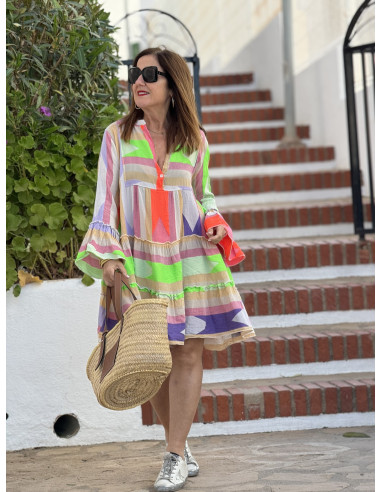 Vestido Corto con Bordado Flúor multicolor