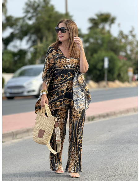 🐾 Pantalón de Punto Seda con Estampado Animal Print y Cadenas