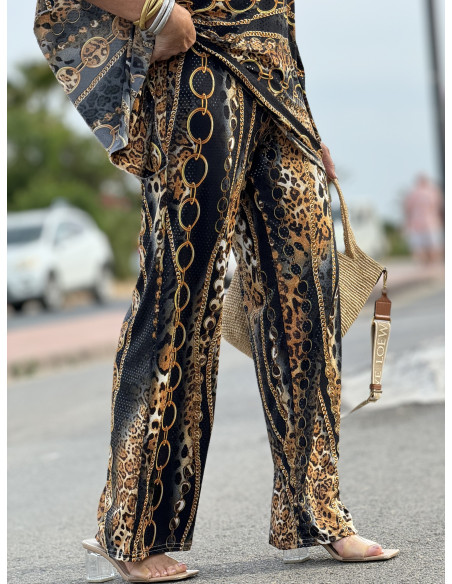 🐾 Pantalón de Punto Seda con Estampado Animal Print y Cadenas