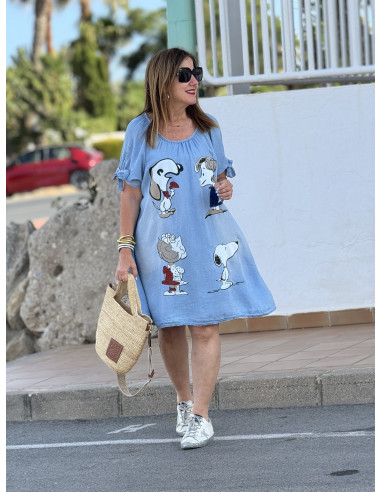 Vestido de Tencel Celeste con Personajes de Snoopy