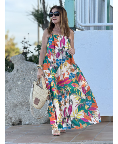 🌴 Espectacular Vestido Tropical con Espalda al Aire 🌴