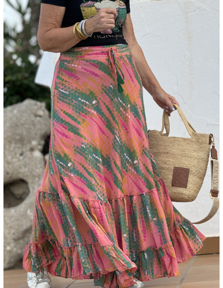 🌸 Falda Larga de Viscosa Multicolor coral 🌸