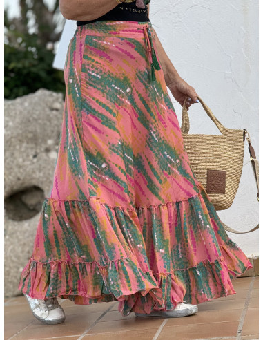 🌸 Falda Larga de Viscosa Multicolor coral 🌸