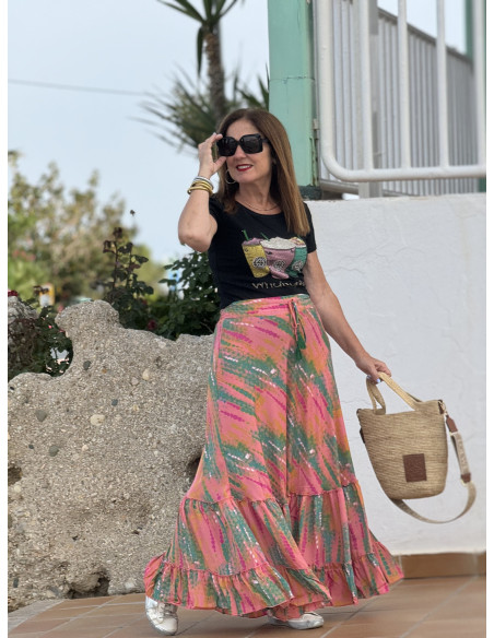🌸 Falda Larga de Viscosa Multicolor coral 🌸