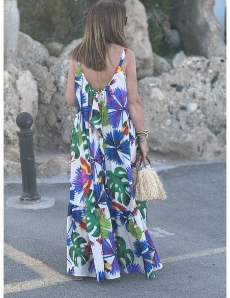 Vestido de Tirantes Blanco con Estampado Tropical 🌴🦜