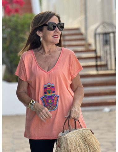 🧵 Camiseta Naranja Efecto Lavado con Mano...