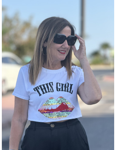 Camiseta corta labios lentejuelas