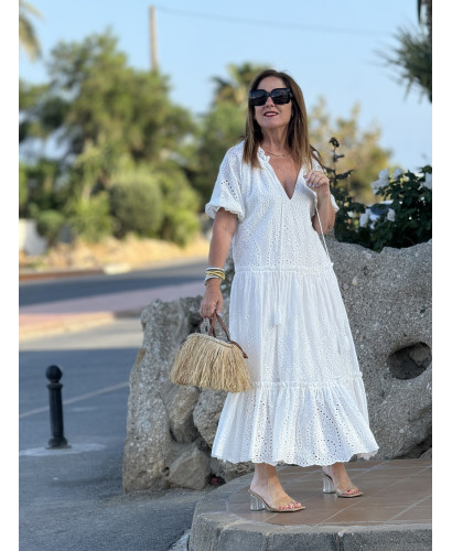 🌼 Vestido Blanco en Bordado Inglés con Manga Globo 🌼