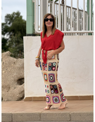 🟫 Falda Larga Patchwork de Cuadros con Fondo...