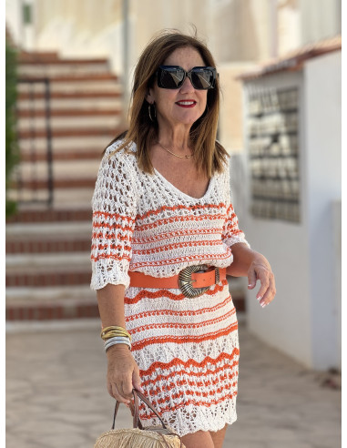 Vestido de Hilo en Crudo y Naranja con Escote...