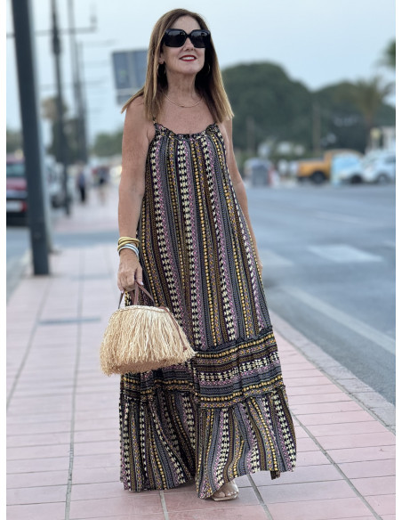 Vestido Largo de Tirantes Negro con Estampado Mostaza, Negro y Crudo