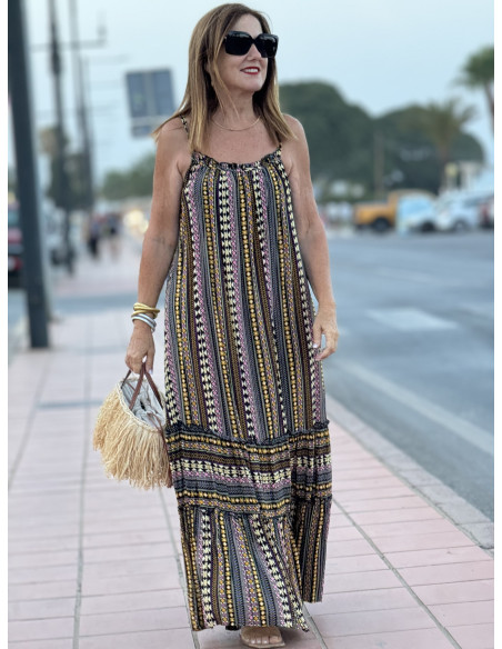 Vestido Largo de Tirantes Negro con Estampado Mostaza, Negro y Crudo