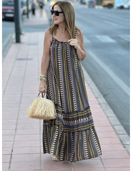 Vestido Largo de Tirantes Negro con Estampado Mostaza, Negro y Crudo