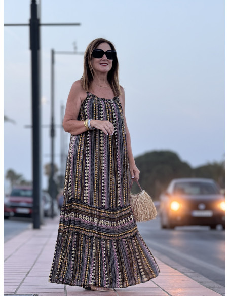 Vestido Largo de Tirantes Negro con Estampado Mostaza, Negro y Crudo