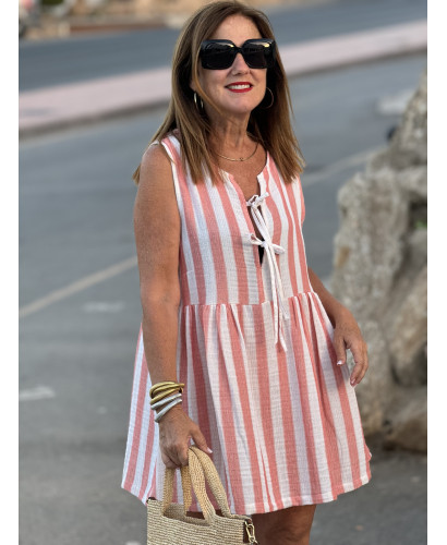 Vestido Corto Navy en Rojo y Crudo con Tirante Ancho y...