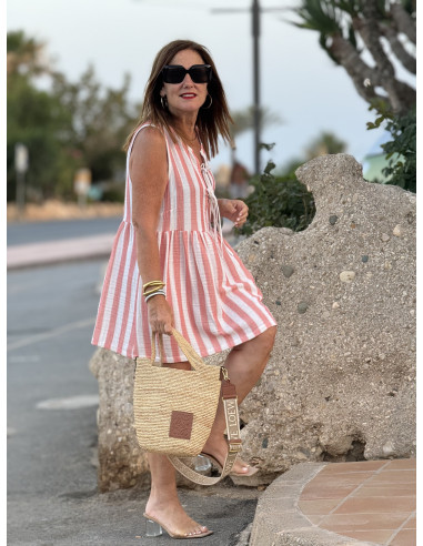 Vestido Corto Navy en Rojo y Crudo con Tirante...