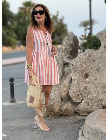 Vestido Corto Navy en Rojo y Crudo con Tirante...