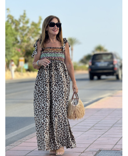 Vestido Animal Print de Tirantes con Nidos de Abeja y...