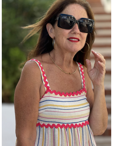 Vestido de Tirantes Combinado en Lino Bordado y...