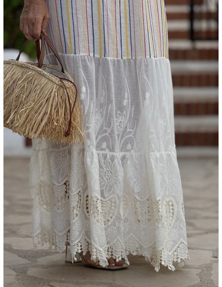 Vestido de Tirantes Combinado en Lino Bordado y Algodón con Hilos de Colores