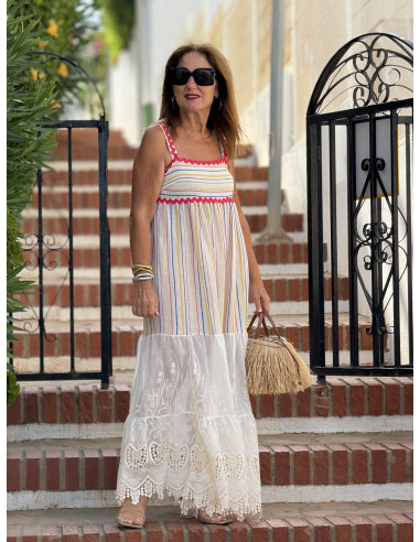 Vestido de Tirantes Combinado en Lino Bordado y...