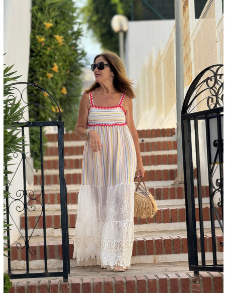 Vestido de Tirantes Combinado en Lino Bordado y Algodón con Hilos de Colores