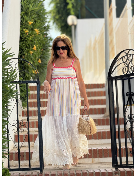 Vestido de Tirantes Combinado en Lino Bordado y Algodón con Hilos de Colores