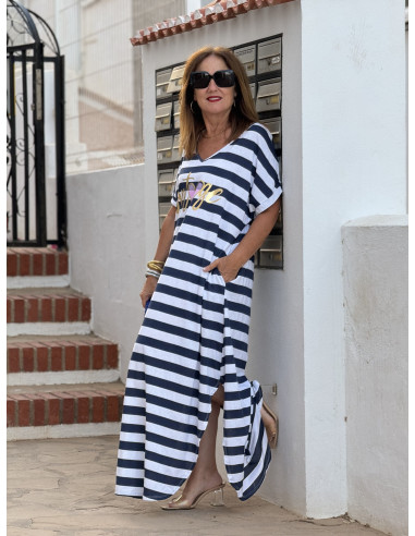 Vestido Navy Blanco y Azul Marino con Mensaje...