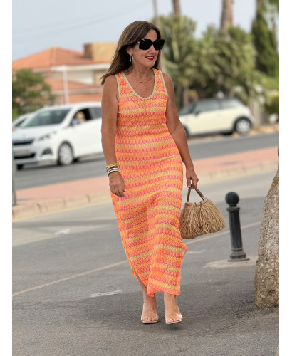 Vestido Sin Mangas en Tonos Flúor Naranjas y Rosas