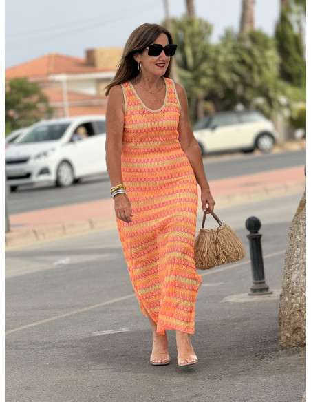 Vestido Sin Mangas en Tonos Flúor Naranjas y Rosas