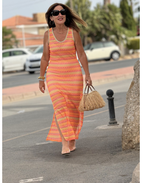 Vestido Sin Mangas en Tonos Flúor Naranjas y Rosas
