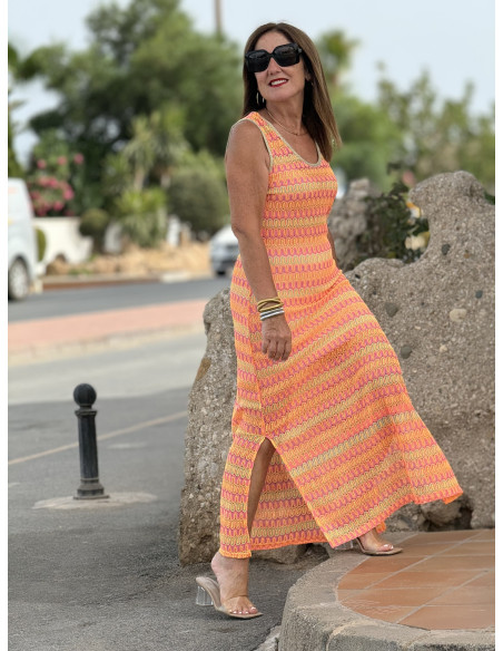 Vestido Sin Mangas en Tonos Flúor Naranjas y Rosas