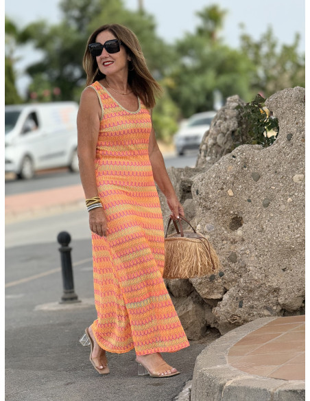 Vestido Sin Mangas en Tonos Flúor Naranjas y Rosas