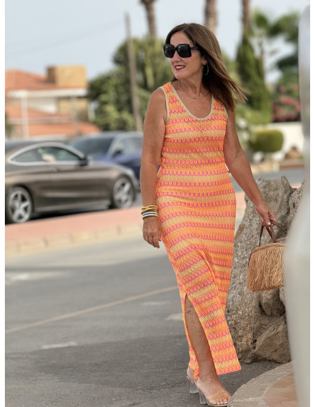 Vestido Sin Mangas en Tonos Flúor Naranjas y Rosas