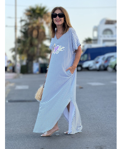 Vestido Blanco y Azul Marino con Mensaje "VINTAGE"